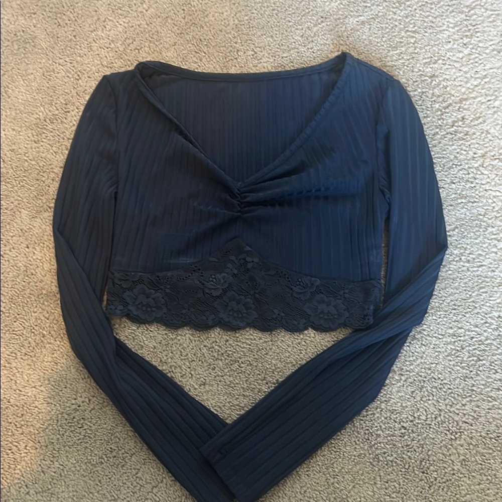 SHEIN Navy Blue Lace Trim Crop Top